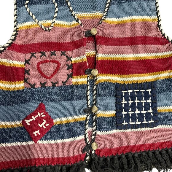 Vintage Bon Magique Womens L Knitted by Hand Sweater Vest Front Button Fringe - Picture 3 of 13